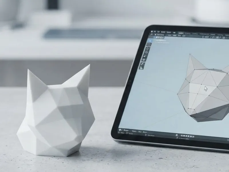 Tête de chat low poly imprimée en 3D à côté de son modèle 3D sur une tablette
