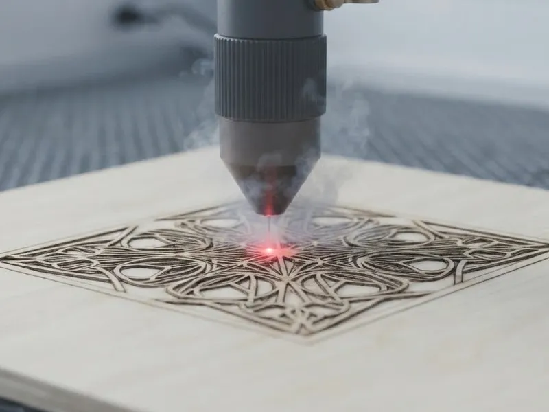 Gravure laser d'un motif géométrique sur une planche de bois