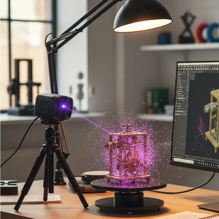 Scanner 3D numérisant un objet posé sur un plateau tournant